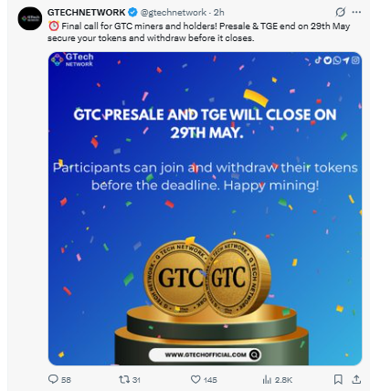 gTECH nETWOEK PRESALE ENDING TWEET