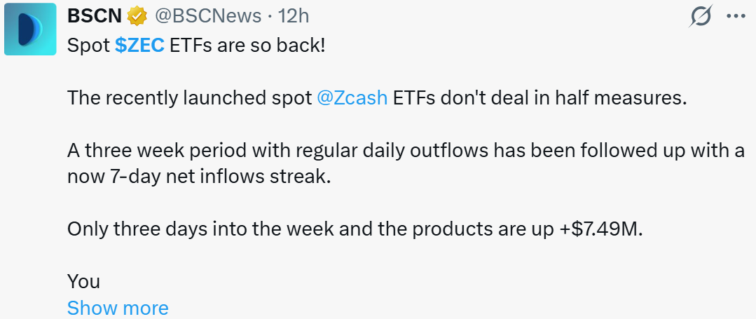 Zcash News: Spot ZEC ETFs Post a 7-Day Inflow Streak Zcash News: Spot ZEC ETFs Post a 7-Day Inflow Streak