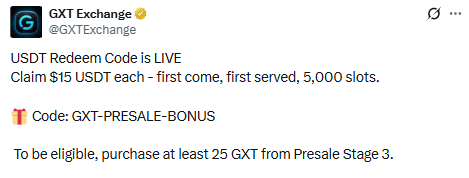 Official GXT exchange X Post screenshot of USDT reedem code