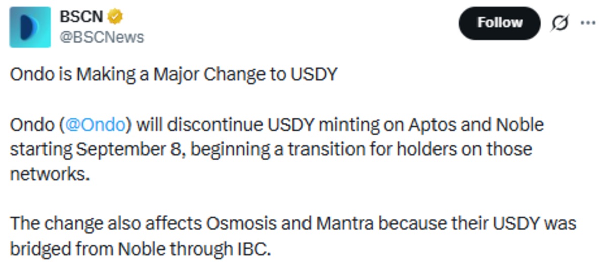 Official BSCN X post showing Ondo update