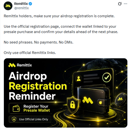 Remittix airdrop registration reminder 