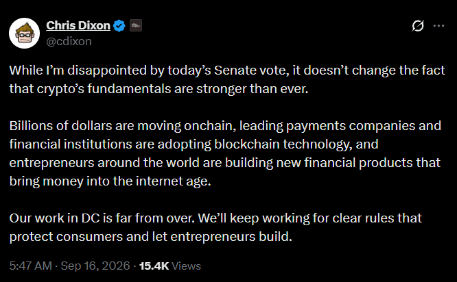 Chris Dixon Says Crypto Policy Push in Washington Is Not Over