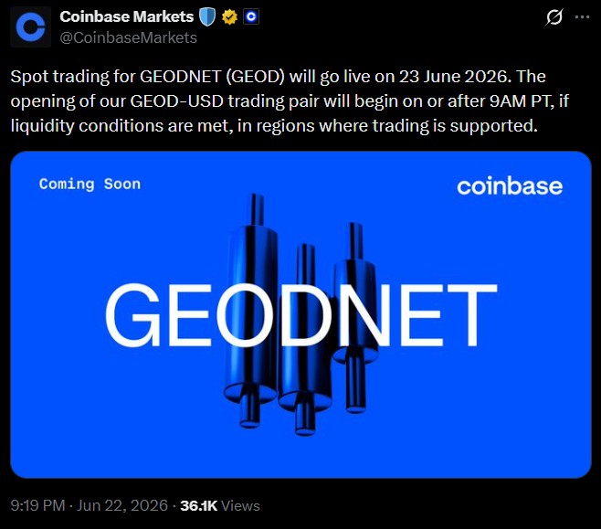 Coinbase Confirms Geodnet Listing Date and Trading Pair Coinbase Confirms Geodnet Listing Date and Trading Pair