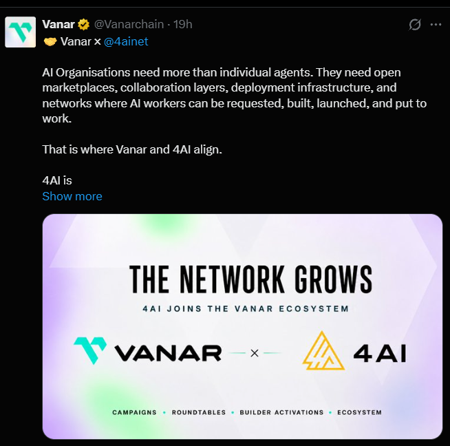 Vanar Partners With 4AI on Agent Marketplace Vanar Partners With 4AI on Agent Marketplace