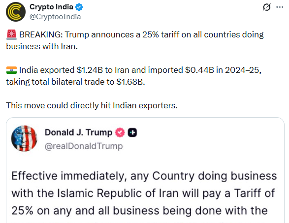 trump announces 25% tariff on countries doing business with Iran