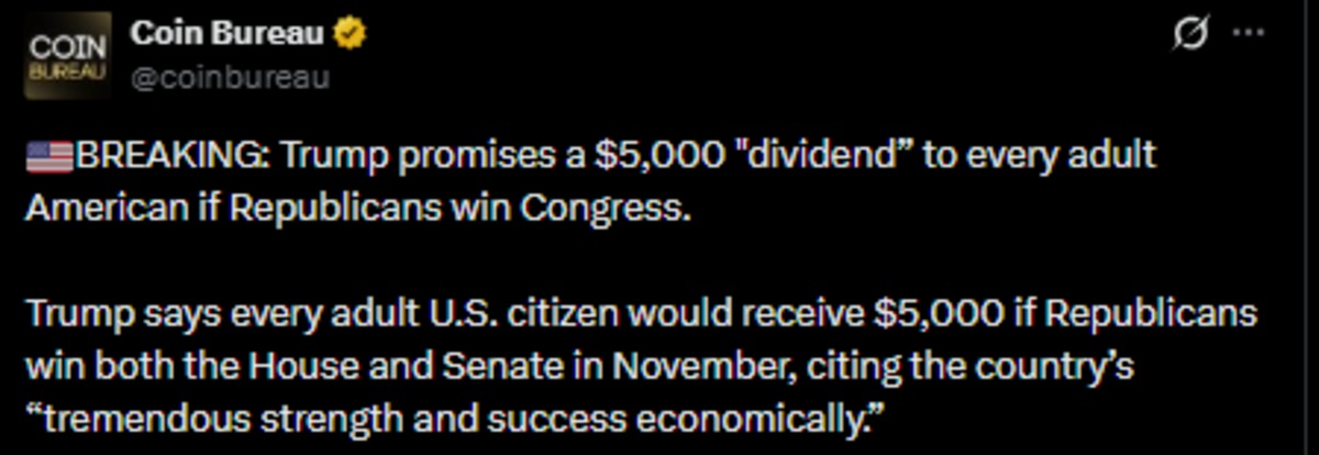 Coin Bureau X post showing Trump $5,000 dividend news