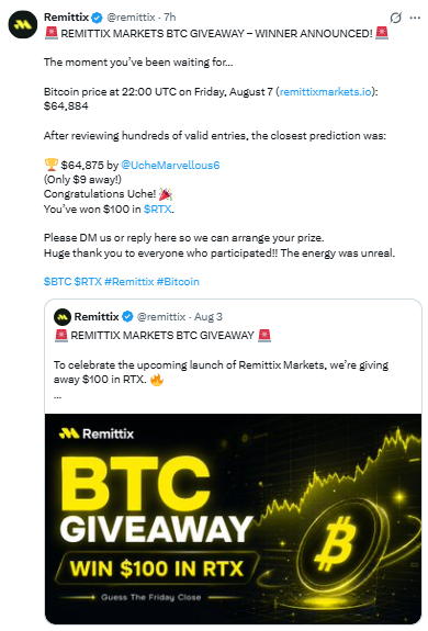 REMITTIX MARKETS BTC GIVEAWAY – WINNER ANNOUNCED!