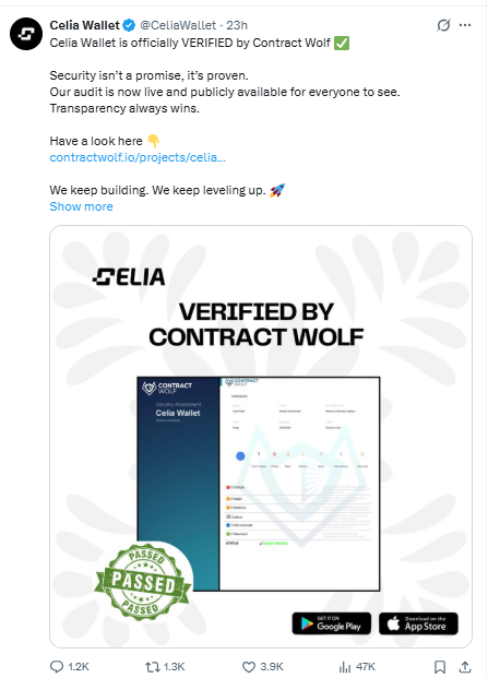 Celia token verified by Contract Wolf audit highlighting security Celia token verified by Contract Wolf audit highlighting security
