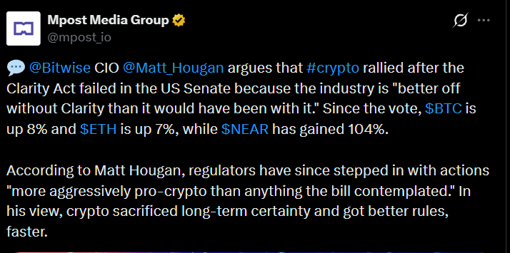 Bitwise CIO Matt Hougan's explanation of the rally After CLARITY Act Failed Bitwise CIO Matt Hougan's explanation of the rally After CLARITY Act Failed
