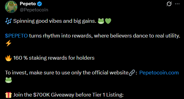 Pepeto listing date official X post