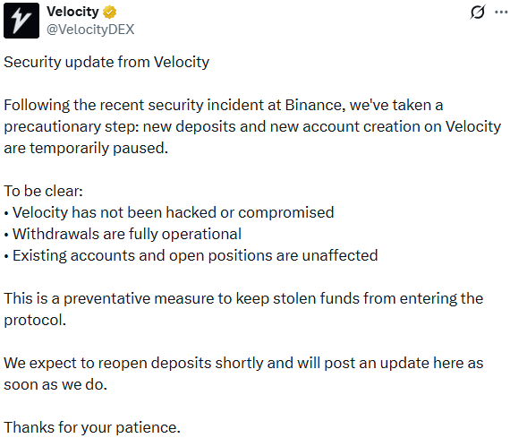 Velocity DEX Security Update status: deposits paused, withdrawals still open Velocity DEX Security Update status: deposits paused, withdrawals still open