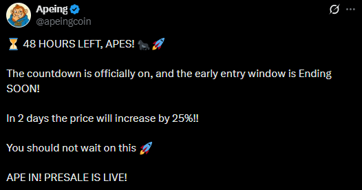 Apeing Presale News official X post