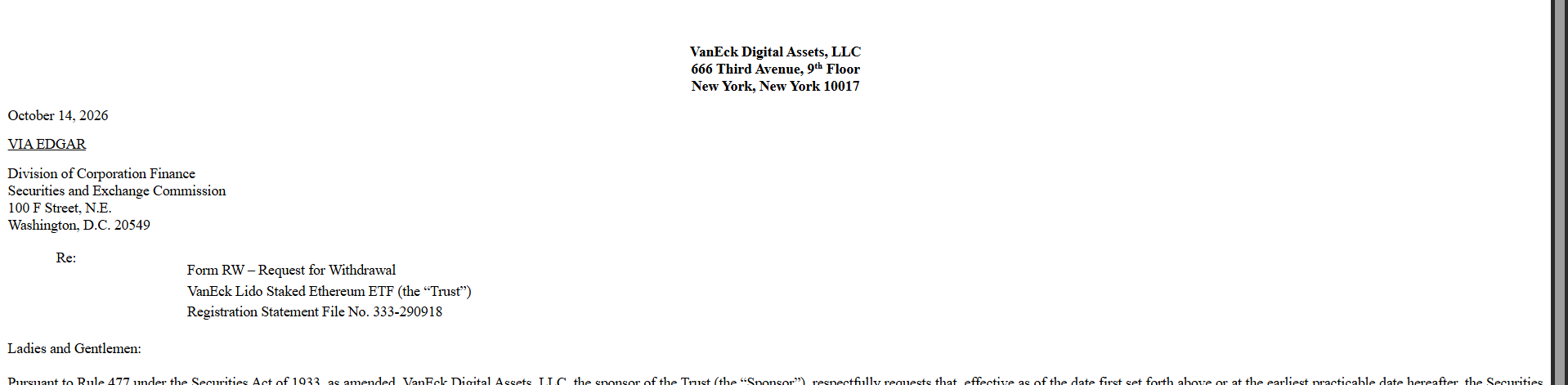VanEck Withdraws Its Lido Staked Ethereum ETF Filing VanEck Withdraws Its Lido Staked Ethereum ETF Filing