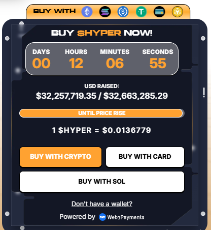 Bitcoin Hyper presale dashboard with HYPER price