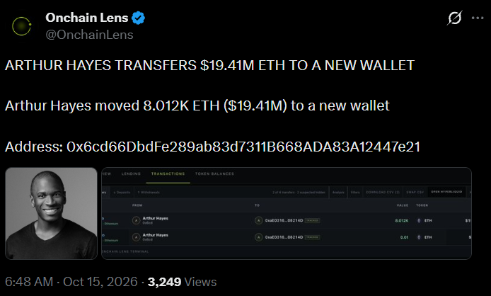 Suspected Arthur Hayes Wallet Transfers $19.41 Million in ETH Suspected Arthur Hayes Wallet Transfers $19.41 Million in ETH