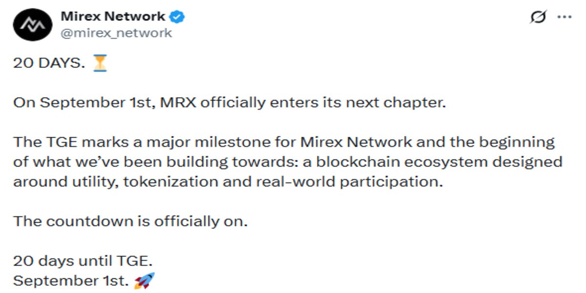 Official Mirex Network X Post showing TGE Countdown Official Mirex Network X Post showing TGE Countdown