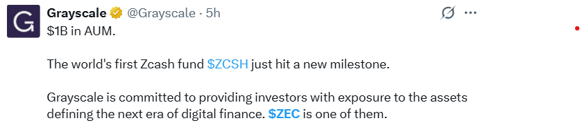 Zcash News Today: Grayscale's ZEC Fund Crosses $1 Billion in AUM Zcash News Today: Grayscale's ZEC Fund Crosses $1 Billion in AUM