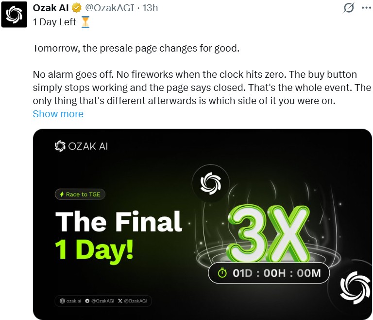 Ozak AI Presale Ends Tomorrow Ozak AI Presale Ends Tomorrow