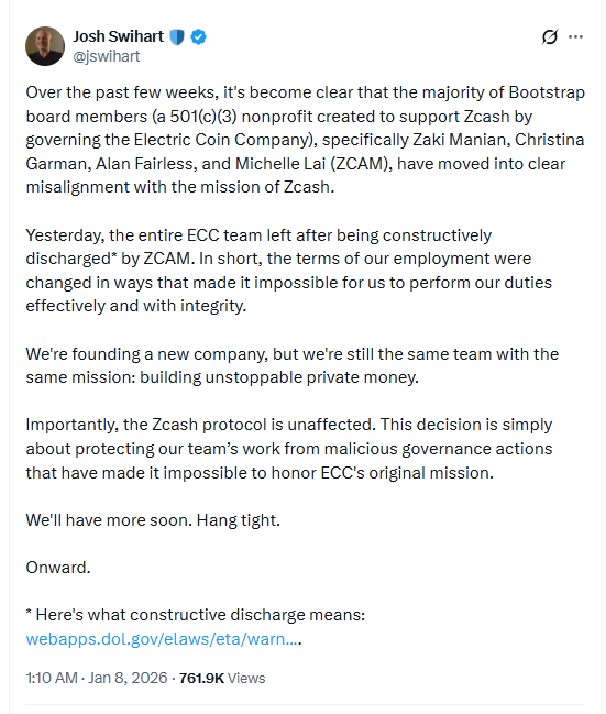 Zcash Devlopment team resignation tweet Zcash Devlopment team resignation tweet