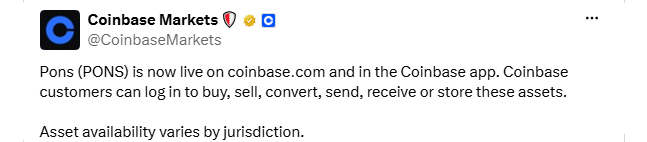 Coinbase Pons Token Listing
