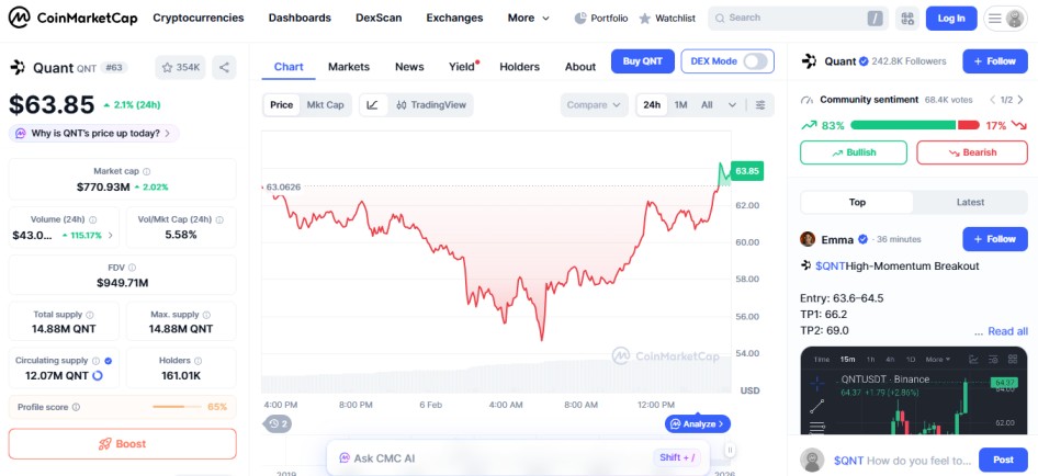 top crypto gainers today amid market fall February 06, Quant QNT