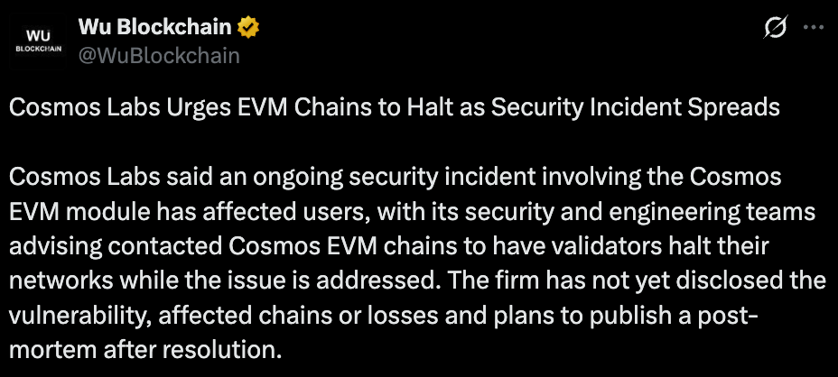 WuBlockchain Official Tweet
