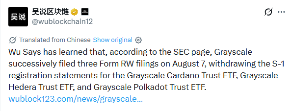 Grayscale ETF withdrawal for ADA HBAR DOT SEC filings 