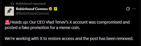 Vlad Tenev Hack: Robinhood CEO X Account Used to Push Fake VLAD Token