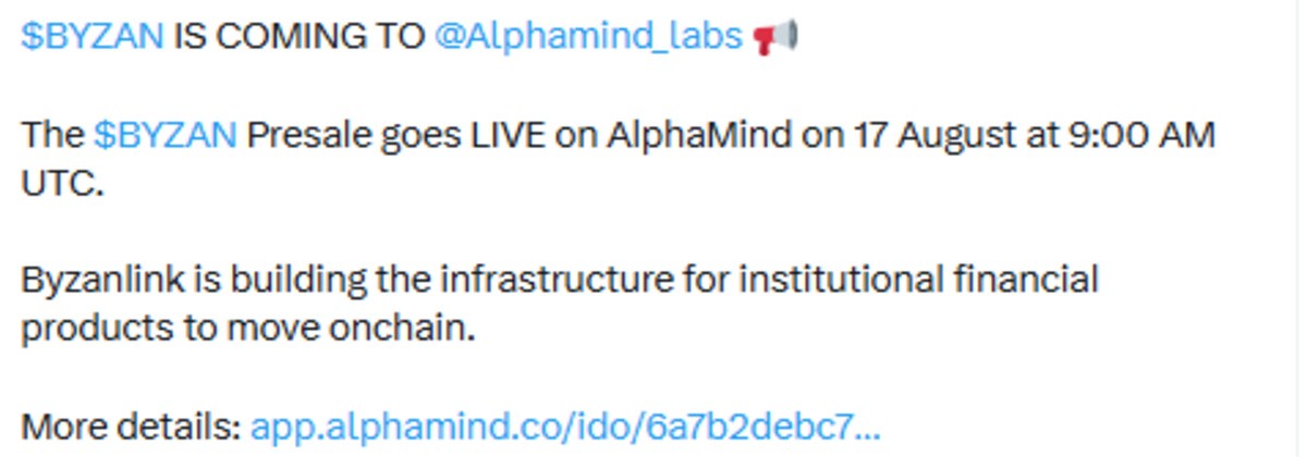 Official Byzanlink X post showing presale Alphmind presale start update Official Byzanlink X post showing presale Alphmind presale start update