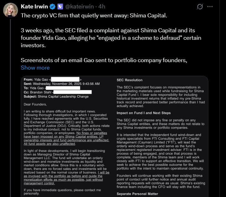 U.S. SEC has sued Shima Capital founder Yida Gao