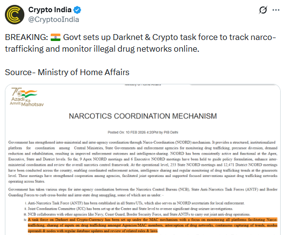 Indian govt sets darknet and crypto task force to track narco-trafficking
