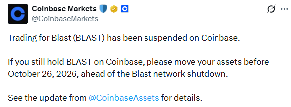 Blast Network shutdown notice with Coinbase BLAST trading suspension Blast Network shutdown notice with Coinbase BLAST trading suspension