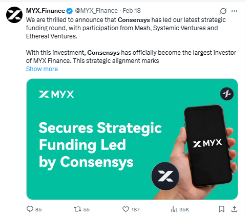 MYX Finance strategic funding led by Consensys announcement