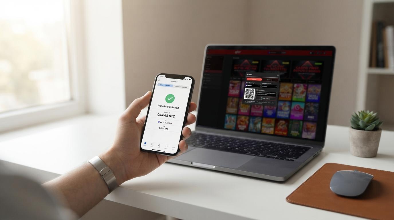 Crypto casino deposit page with coin options and a wallet app confirming payment Crypto casino deposit page with coin options and a wallet app confirming payment