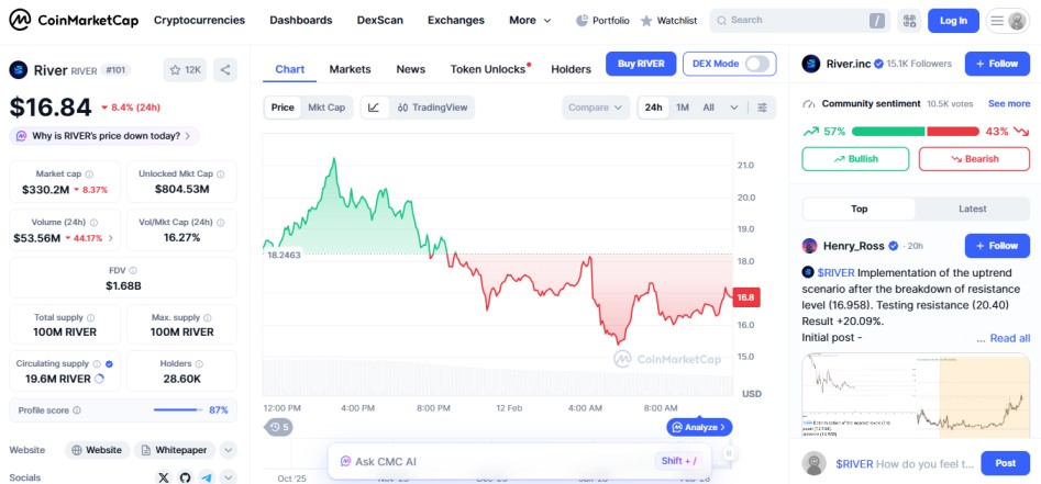 top crypto losers today, february 12 2026, river RIVER
