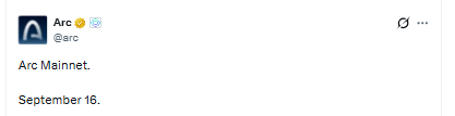 Arc official post confirming Arc Mainnet launch