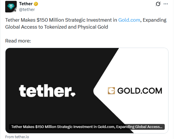 Tether Gold.com investment highlights 150M stake in tokenized gold