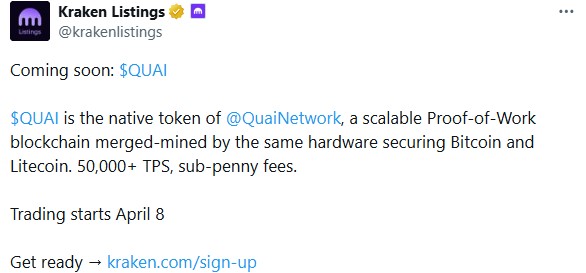 QUAI Network listing on Kraken