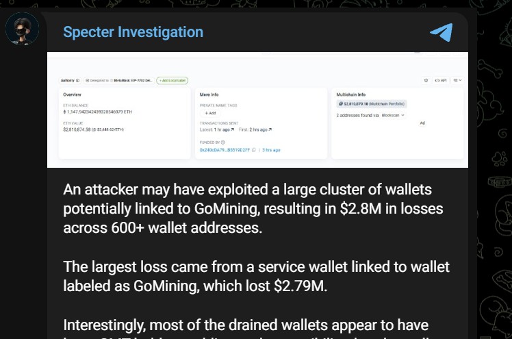 GoMining Wallet Attack: 600+ Addresses Drained in $2.8M Crypto Loss GoMining Wallet Attack: 600+ Addresses Drained in $2.8M Crypto Loss
