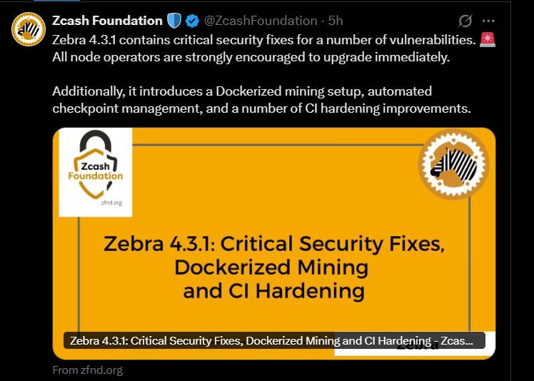  Zcashd v6.12.1 and Zebra v4.3.1. Upgrade