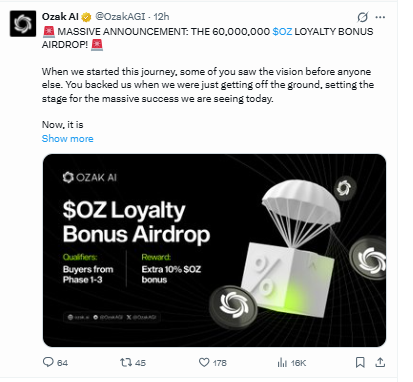 Ozak AI loyalty airdrop announcement 