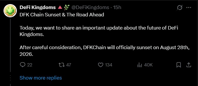 DeFi Kingdoms Confirms DFK Chain ShutDown August 2026 DeFi Kingdoms Confirms DFK Chain ShutDown August 2026