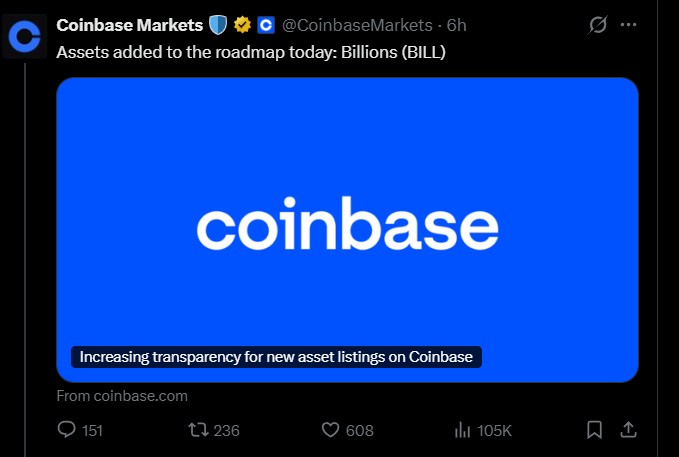 Coinbase Roadmap Listing of Billions BILL