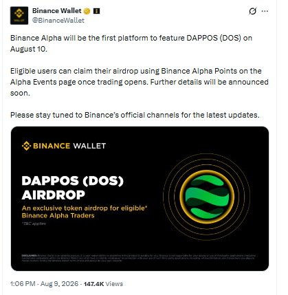 DAPPOS DOS Binance Alpha airdrop announcement