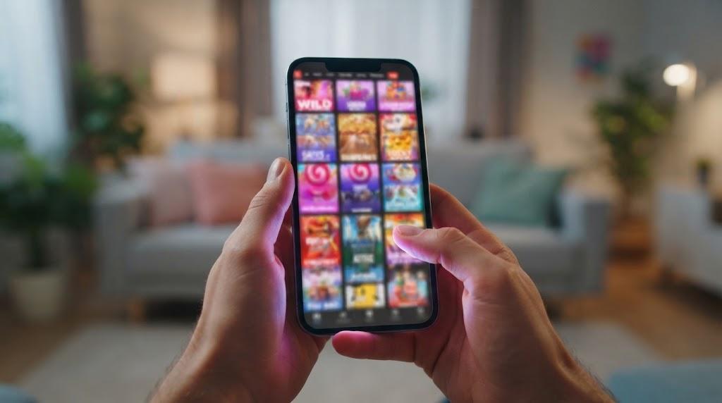 Hands holding a phone with online casino slot reels spinning and a game lobby below Hands holding a phone with online casino slot reels spinning and a game lobby below