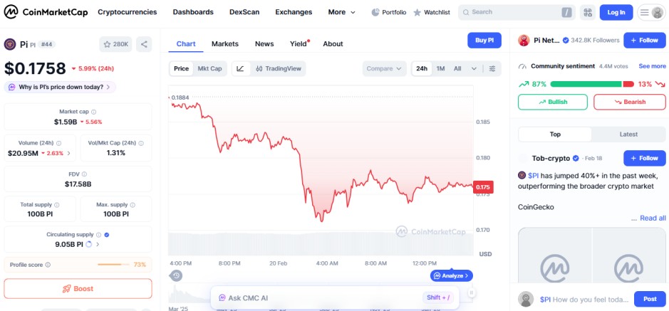 top crypto losers today, 20 feb, Pi PI