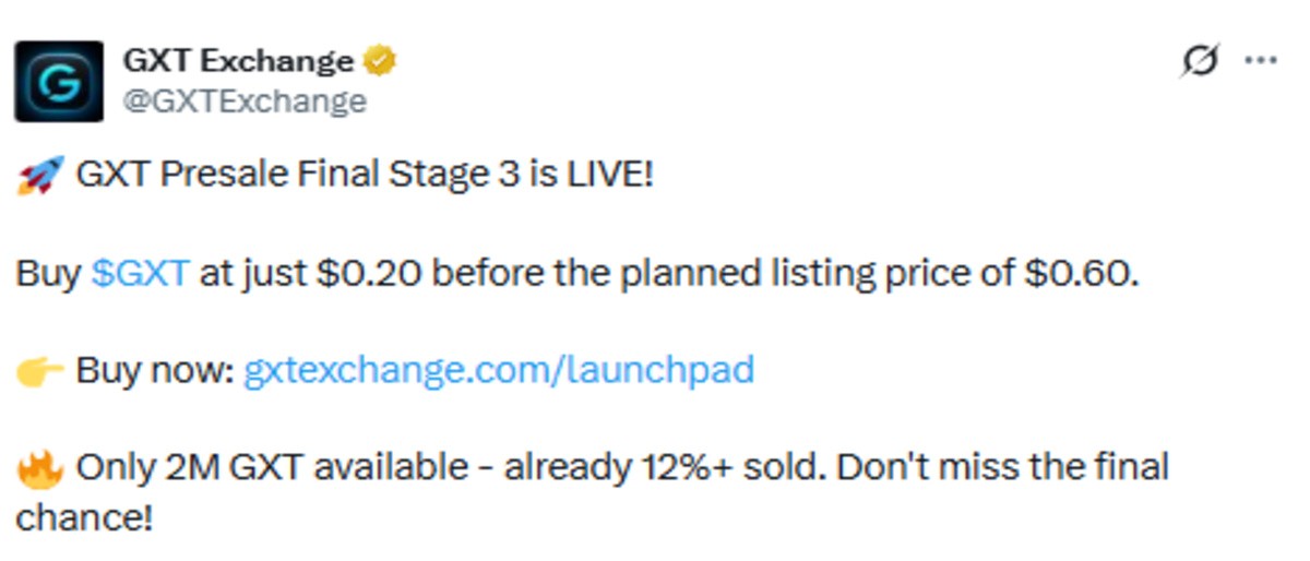 GXT Presale Stage 3 Official X Announcement screenshot 
