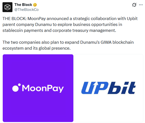MoonPay Dunamu partnership announcement by The Block on X MoonPay Dunamu partnership announcement by The Block on X