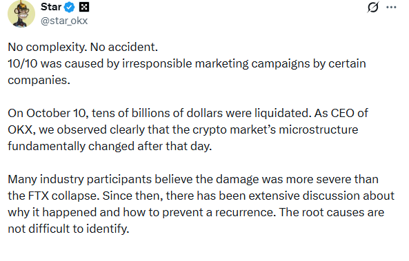 OKX CEO blames Binance for october 10 crash