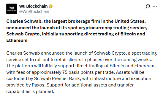 Schwab Crypto launch for Bitcoin and Ether trading